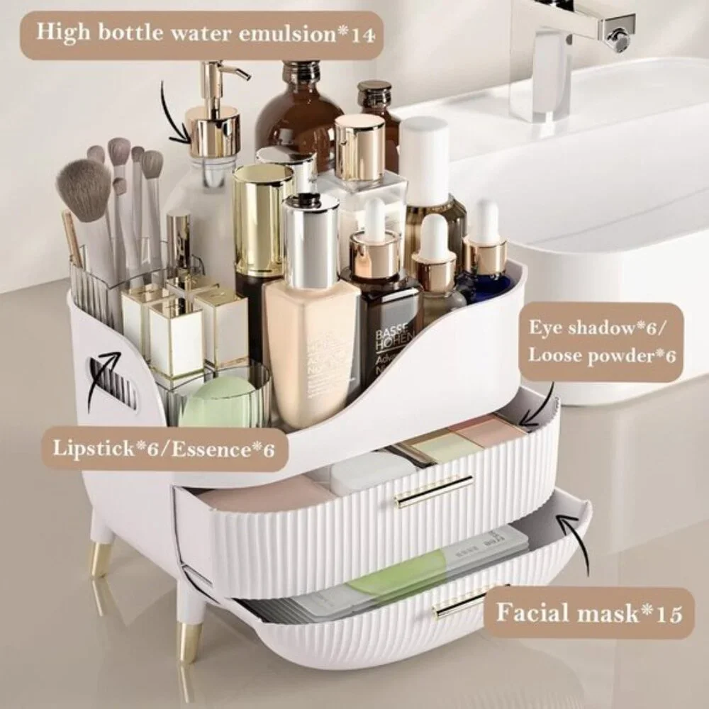 Makeup Organizer for Vanity, Large Skincare Storage Box with 2 Drawers - White